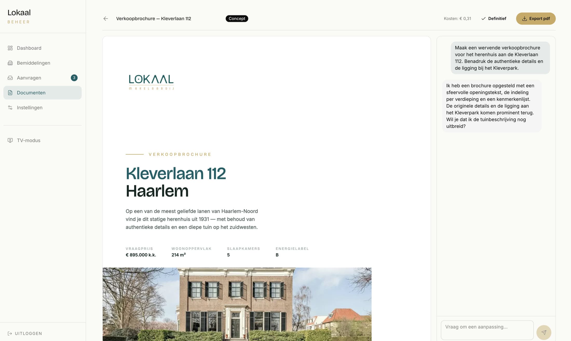 De AI-documentstudio: links een live A4-voorbeeld, rechts een gesprek dat het document aanscherpt