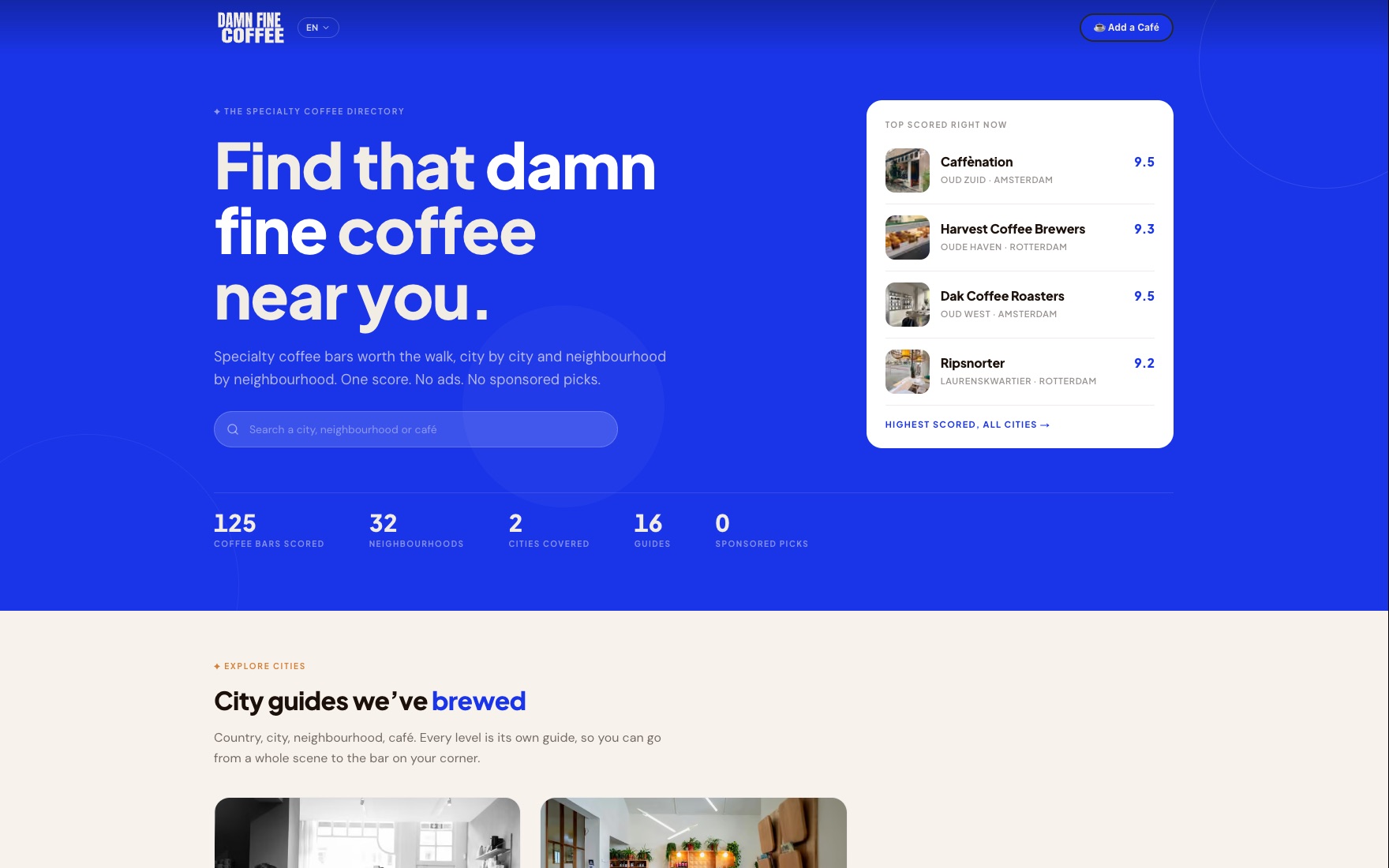 Screenshot: Damn Fine Coffee, homepage van de koffiegids