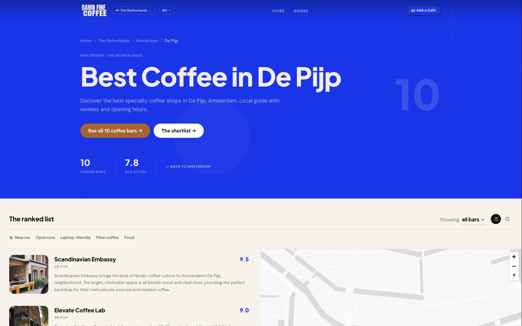 Wijkpagina van De Pijp met de koffiebars in die wijk
